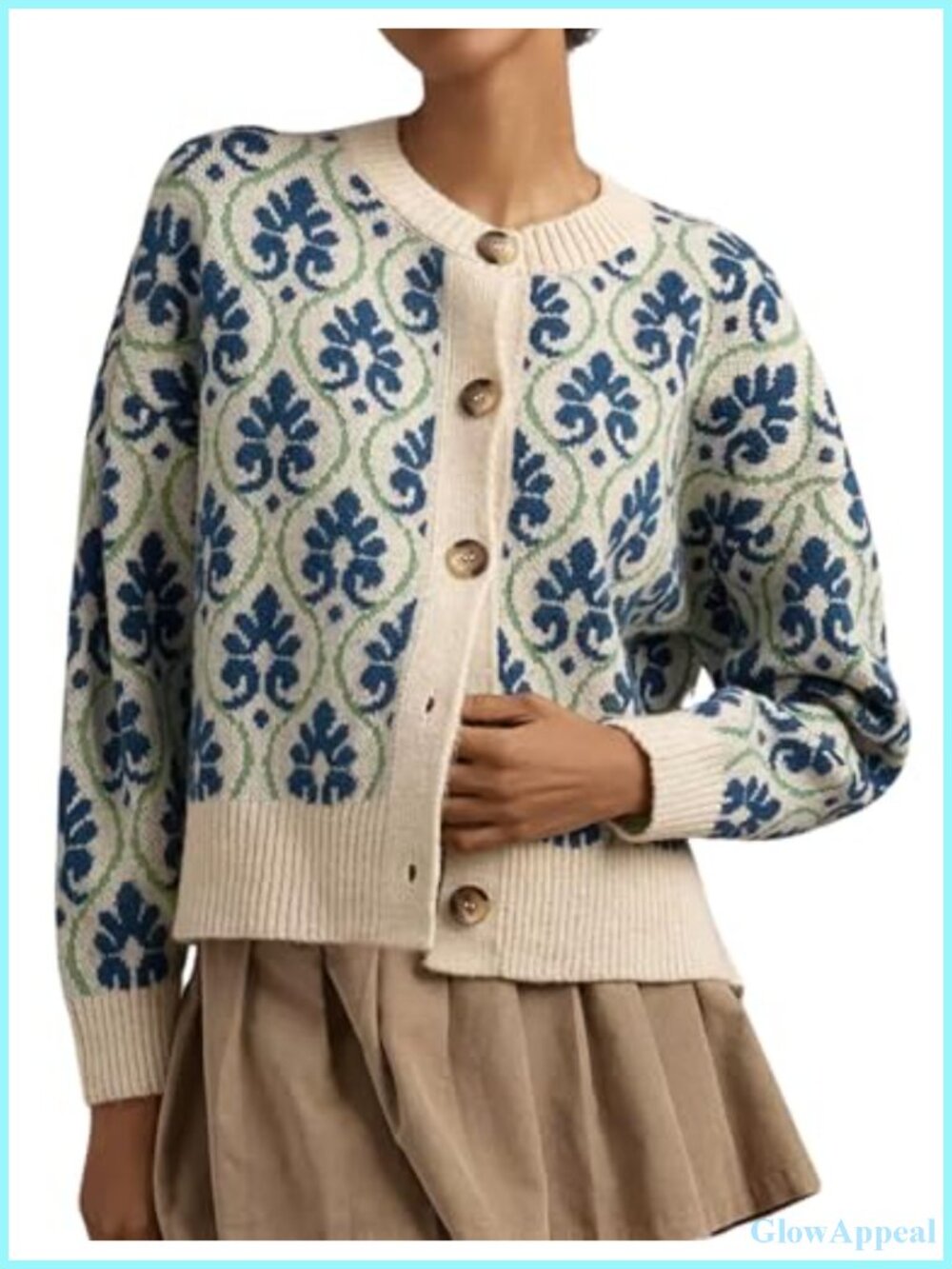 Floral Cardigan Sweater Open Front Long Sleeve Button Down Knit Vintage